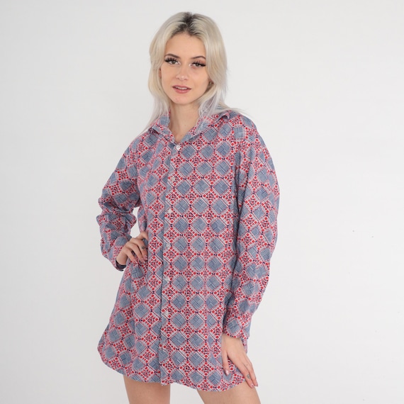 70s Button Up Shirt Red Blue Geometric Tile Print Top Long Sleeve Collared Oxford Pattern Statement Shirt Retro Vintage 80s Extra Large xl
