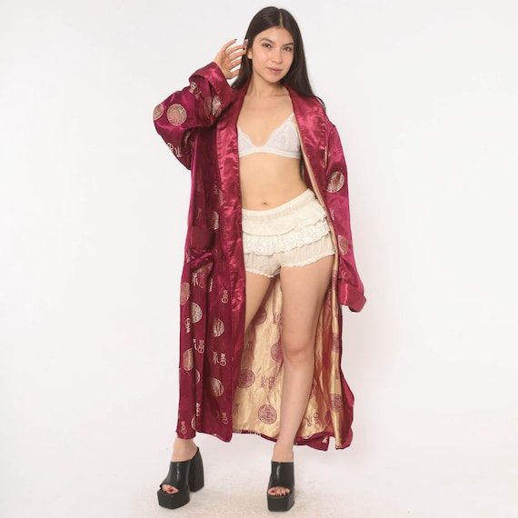 Magenta Satin Robe 90s Medallion Print Gold Jacquard Kimono Duster Maxi Housecoat Fuchsia Loungewear Brocade Wine Berry Wrap Coat Large L