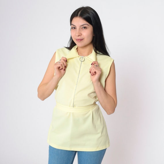 70s Tank Top Ring Pull Zipper Belted Mod Shirt Light Yellow Sleeveless Blouse Zip Up Top Retro Space Age Vintage 1970s Twiggy Medium 36
