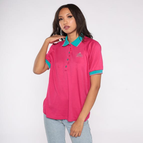 Hot Pink Polo Shirt 90s Golf Teal Trim Bette and Court EWG Executive Women's Golf League Cotton Polyester Retro Preppy Sport Top Large L 12
