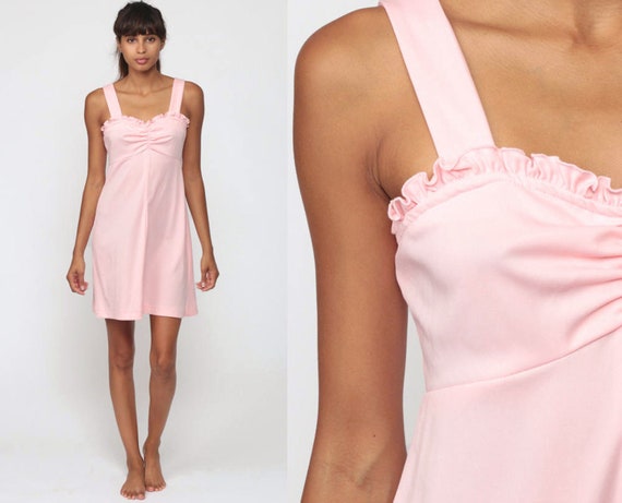 Babydoll Mini Dress 60s Mod RUFFLE Baby Pink 70s … - image 1