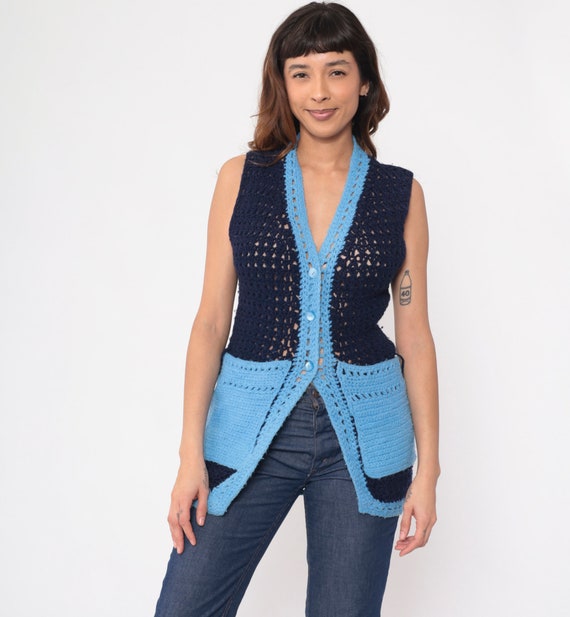 70s Crochet Vest Two Tone Navy Blue Knit Sweater Top Hippie Boho Open Weave Sheer Button Up 1970s Vintage Bohemian Sleeveless Extra Small xs