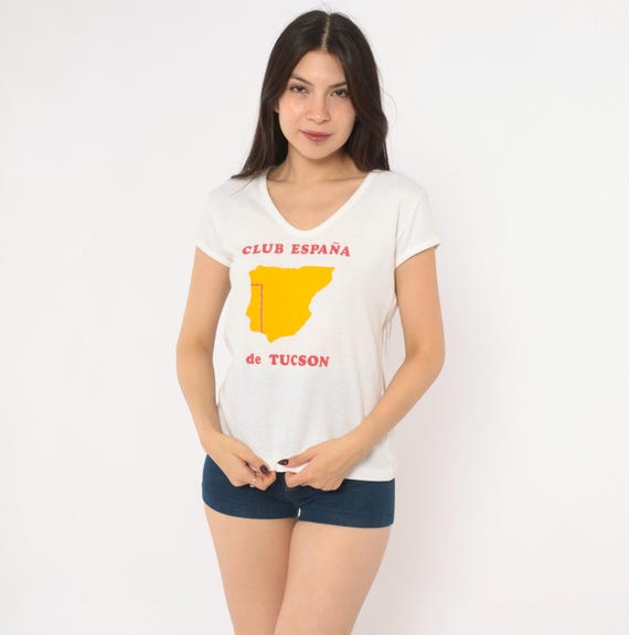 80s Club España Tucson Souvenir Tee White Cotton V Neck Spain Map Boxy Yellow Red Novelty Print Arizona Tourist Travel Shirt Top Large L