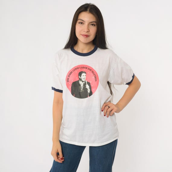 Vintage Jerry Lewis Tee Labor Day Telethon Ringer T-Shirt 80s White Navy Russell Graphic Tee 1980s Comedian Charity Medium M