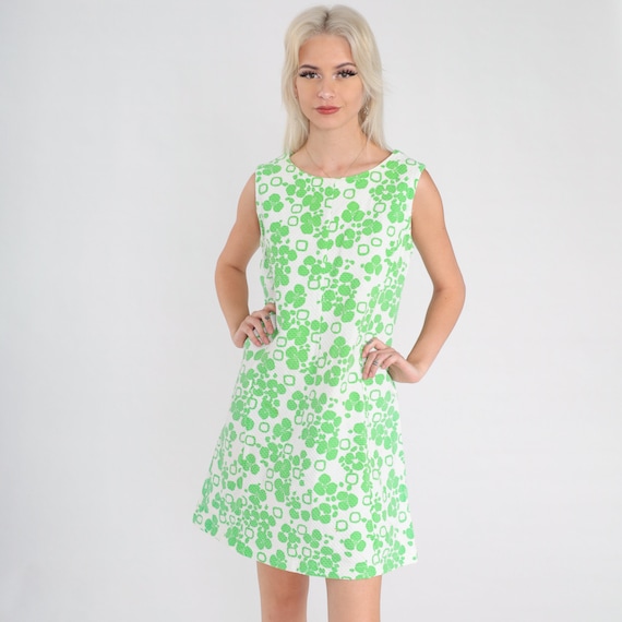 60s Mini Dress Lime Green Floral Mini Hippie 70s Mod Boho Vintage White Sleeveless 1960s Shift Flower Power Bohemian Medium