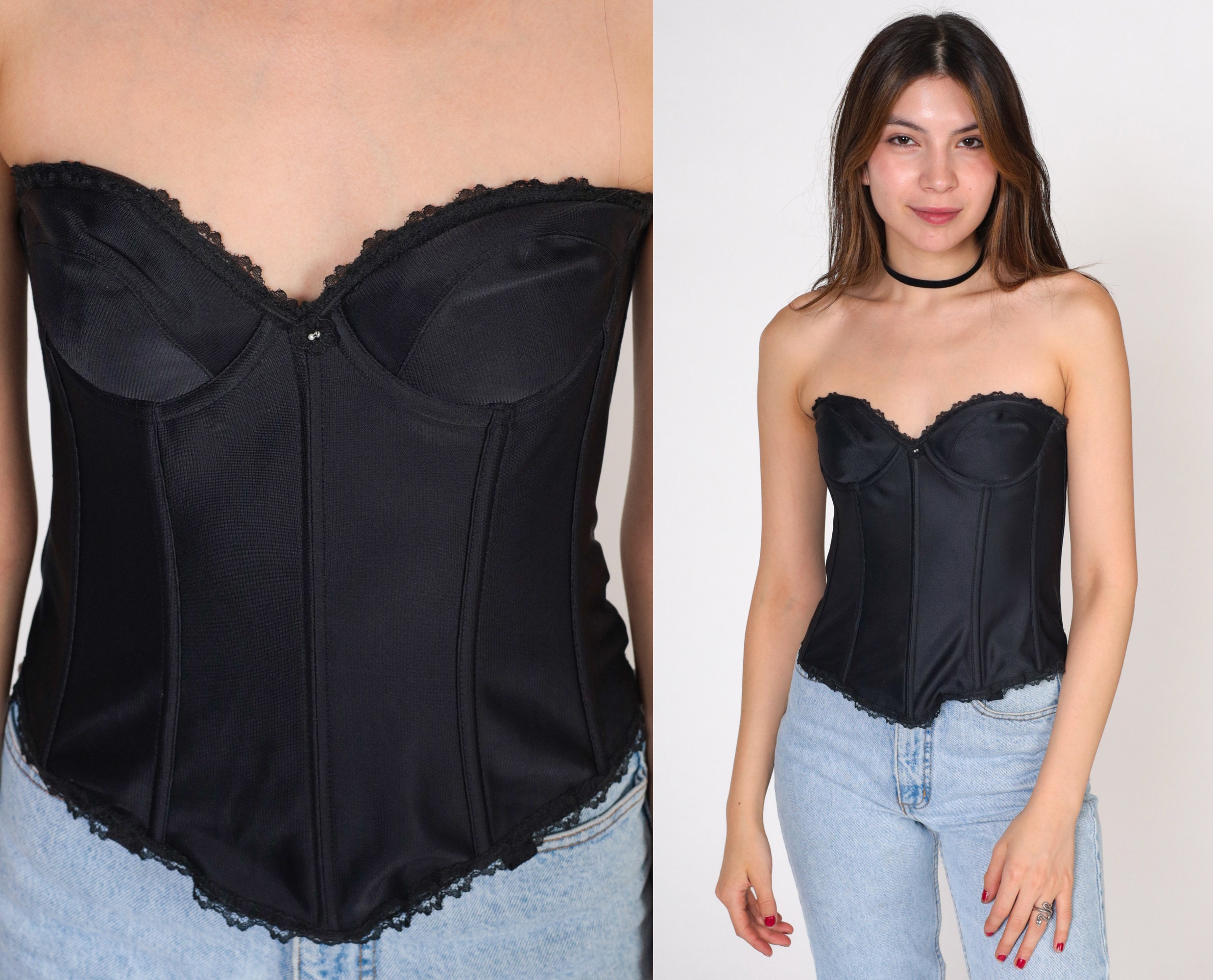 Corset Femme Noir Grande Taille - Bustier Galbant à Baleines, Lingerie Florale Avec Lacets