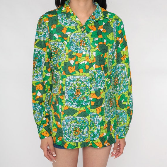 70s Boho Shirt Psychedelic Blouse Green Kaleidosc… - image 7