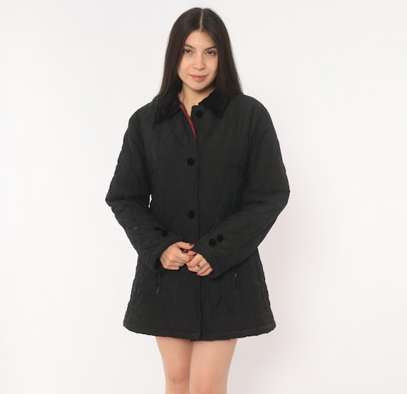 90s Quilted Black Jacket Halston Sport Button Front Coat Velvet Collar Diamond Stitch Outerwear Dark Academia Winter Fall Vintage Medium M