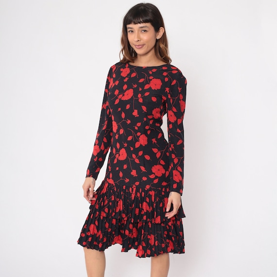 Black Floral Dress 90s Flounce Party Dress Low V Back Drop Waist Ruffled Red Flower Print Long Sleeve Vintage 1990s Liz Claiborne Medium M