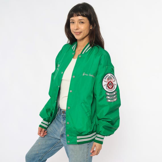 80s Green Bomber Jacket Kelly Varsity Letterman Snap Front Patches Embroidered Athletic Collegiate Church Tournament Vintage Extra Large XL