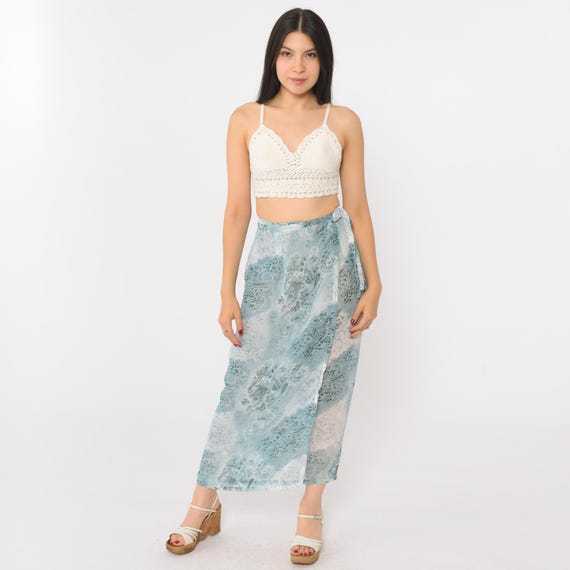 Vintage Blue Paisley Wrap Skirt Y2K Floral Maxi Skirt Hippie Boho High Waist Semi-Sheer Light 00s Ankle Length Bohemian Small Medium Large