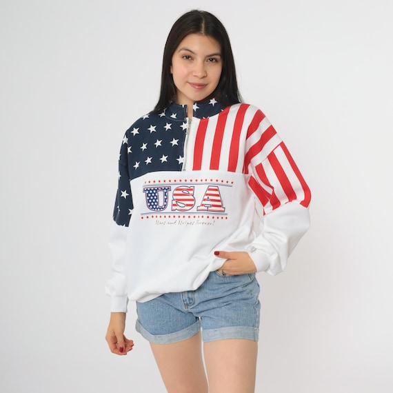 USA Flag Sweatshirt Half Zip Stars Stripes Red White Blue Patriotic Graphic Pullover 1990s Vintage 90s Sportwear Medium M