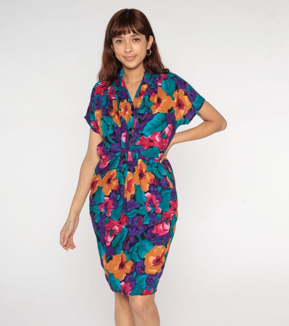 Tropical Floral Dress 90s Bright Print Tie Waist Short Sleeve V Neck Vintage Summer Resort Wear Purple Orange Teal Vacation Beach Medium M