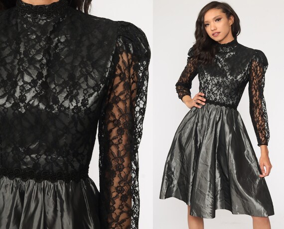 80s Party Dress Taffeta Lace Dress Midi Puff Sleev