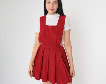 70s Pleated Jumper Dress Red Mini Pinafore Dress Vintage Dark Academia Preppy Square Neck 1970s Retro High Waist Smock Bohemian Small 4