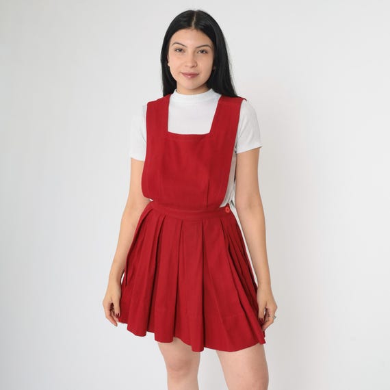 70s Pleated Jumper Dress Red Mini Pinafore Dress Vintage Dark Academia Preppy Square Neck 1970s Retro High Waist Smock Bohemian Small 4