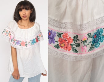 White Mexican Blouse Peasant Embroidered Top Hippie Boho Off Shoulder Cotton Tunic Bohemian Floral Vintage Smock Tent Shirt Medium Large