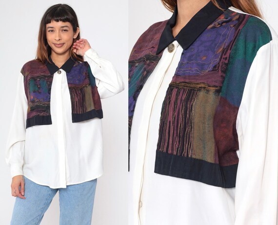90s Geometric Shirt White Blouse Metallic Abstract Patterned Button Up Blouse 1990s Attached Vest Vintage Long Sleeve Large L