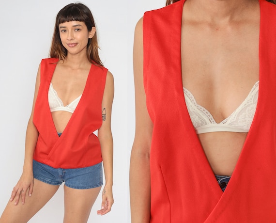 70s Vest Red Wrap Top Mod Low Neckline Vest Space Age Sleeveless Seventies V Neck Shirt Vintage 1970s Medium
