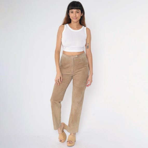 Y2K Tan Suede Leather Pants Straight Leg High Waist Trousers 00s Modern Images Size 8 Medium M