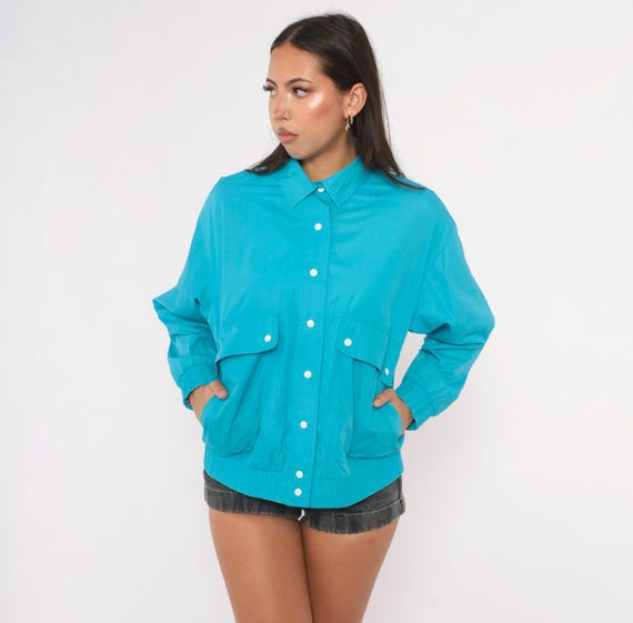 80s Teal Blue Bomber Jacket Snap Front Cotton Windbreaker Pointed Collar Long Sleeve Boxy Coat Womens Koret Petites Vintage Small S