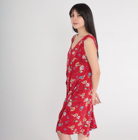 Red Floral Dress 90s Button up Mini Dress Cursive… - image 4