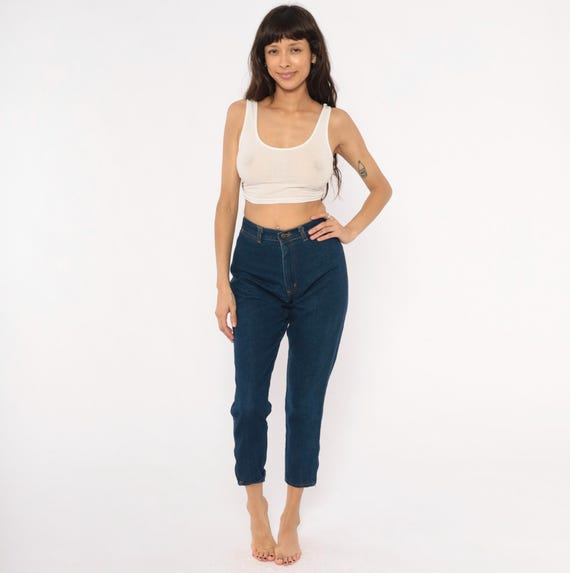 80s Dark Denim Jeans Filippo Totti High Waisted Tapered Leg Cropped Mom Jean Navy Blue Cotton Trouser Vintage Slim Fit Pant Wash Small S