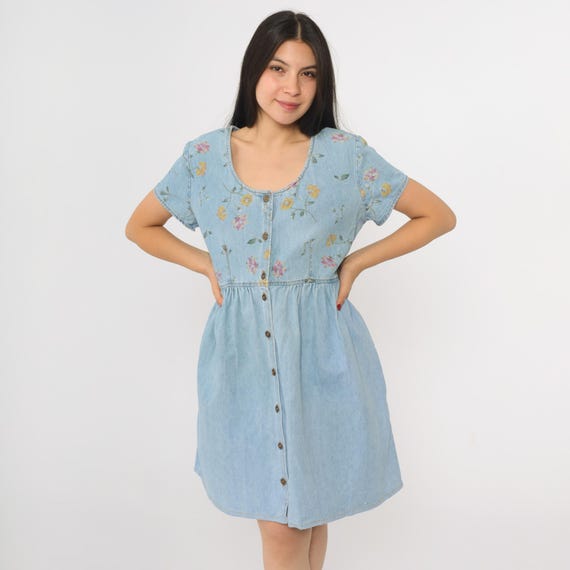 90s Floral Denim Dress Mini Jean Dress Vintage Summer 1990s Button Up Scoop Neck High Waist Ditsy Short Sleeve Blue Medium Large