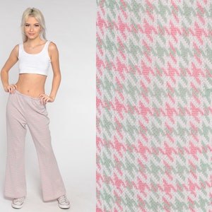 70s Houndstooth Pants Flared Trousers High Waisted Bell Bottoms Pastel Pink Green Checkered Seventies Flares Vintage 1970s Small Medium image 1