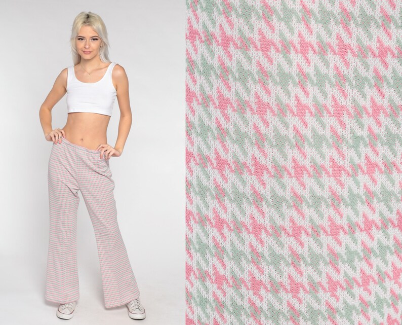 70s Houndstooth Pants Flared Trousers High Waisted Bell Bottoms Pastel Pink Green Checkered Seventies Flares Vintage 1970s Small Medium image 1