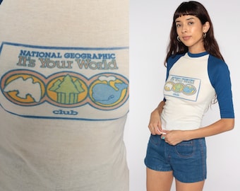 Vintage National Geographic Shirt 70s Ringer Tshirt 1970s Retro Tee Graphic Shirt Bird Tree Mountain Nature Shirt 2xs xxs
