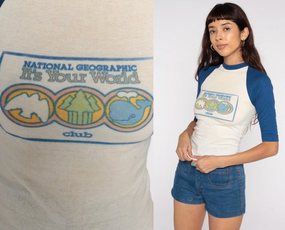 Vintage National Geographic Shirt 70s Ringer Tshirt 1970s Retro Tee Graphic Shirt Bird Tree Mountain Nature Shirt 2xs xxs