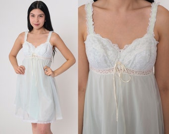 Pale Seafoam Lace Nightgown 70s Olga Lingerie Mini Dress Babydoll Slip Sweetheart Neckline Empire Waist Nightie Vintage 1970s Medium 36