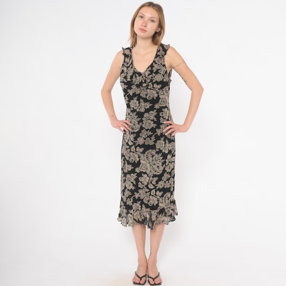 90s Floral Ruffle Dress Black Grey V Neck Slip Bias Cut Chiffon Dark Cottagecore Prairie Garden Party Summer Sheer Vintage Women's Medium M