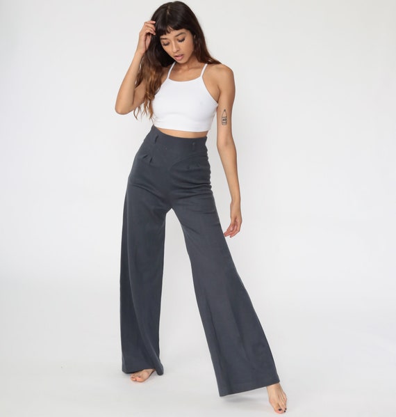 Bell Bottoms Pants 70s Boho Hippie Bellbottom Grey Wide Leg High Waisted 1970s Vintage Bohemian Trousers High Rise Extra Small xs 25 Tall