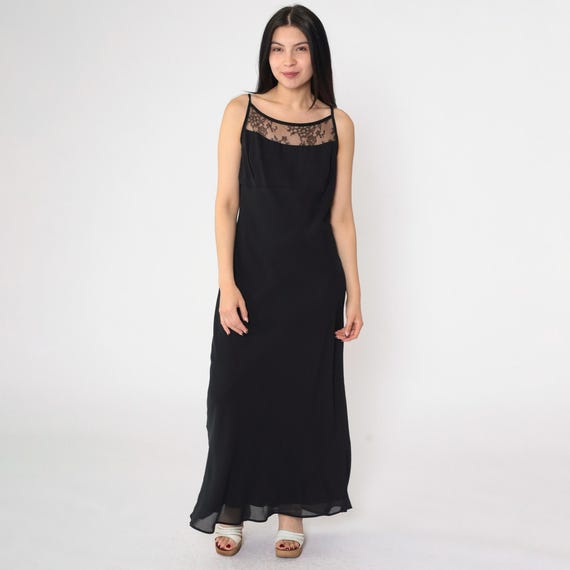 Vintage Black Maxi Party Dress 90s Sheer Lace Jessica McClintock Gunne Sax Dress Gothic Prom Cocktail Spaghetti Strap Low Back 1990s Medium