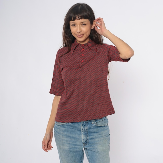 70s Polka Dot Shirt Red Navy Short Sleeve Collared Blouse Top Preppy Dark Academia Office Vintage 1970s Geometric Work Professional Medium M