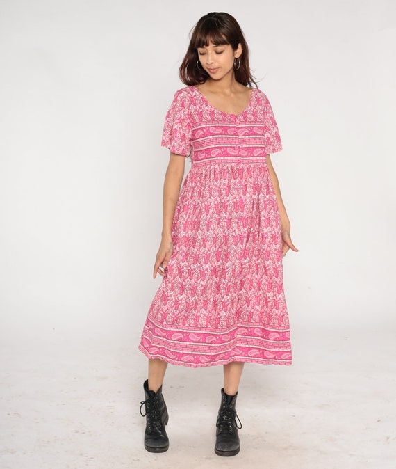 Boho Paisley Dress Y2K Bright Pink Midi Bohemian High Waist Shirtdress Hippie Busy Patterned Vintage Bohemian Button Up Short Sleeve Small S