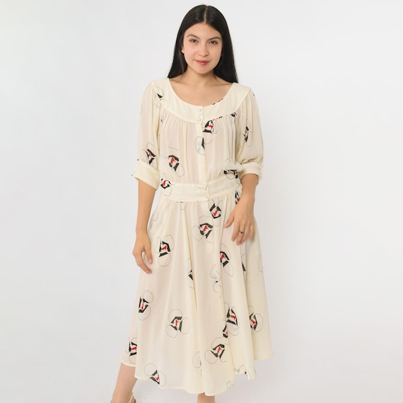 70s Sheer Floral Dress Vintage Cream Midi Blouson Bohemian Dress Button Up Boho High Waisted 1/2 Sleeve Romantic Medium M