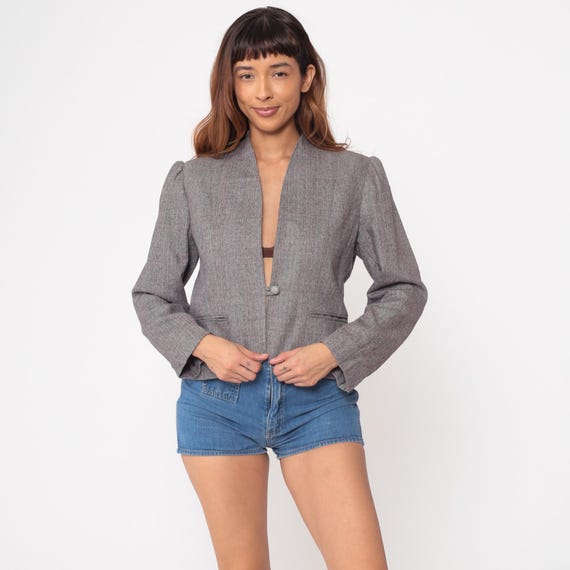 Grey Plaid Blazer 80s Collarless Single Button Jacket Cropped Fitted Wool Blend Pockets Office Wear Work Attire Preppy Professional Medium M