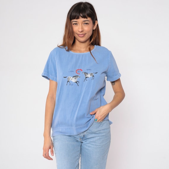Horse Shirt 90s Blue T-Shirt Southwestern Top Horses Sun Art Print Graphic Tee Boho Summer Animal Short Sleeve Cotton Vintage 1990s Small S