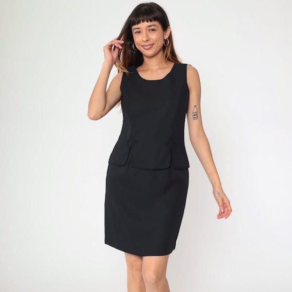 90s Black Mini Dress Sheath Soutache Trim Round Neckline Sleeveless LBD Simple Vintage 1990s Pencil Dress Going Out Evening Dress Medium M 8