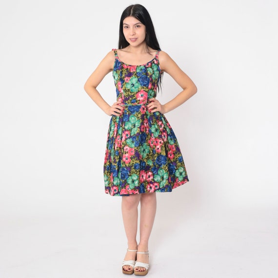 Floral Party Dress 60s Mini Cocktail Dress High Waisted Full Skirt Sleeveless Evening Formal Prom Sixties Flower Print Vintage 1960s 2xs xxs