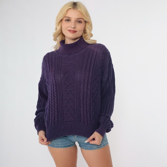 90s Purple Turtleneck Sweater Cable Knit Pullover Sweater Ramie Cotton Cableknit Button Back Foldover Neck Vintage 1990s Large