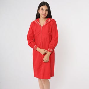 60s Red Sailor Dress White Stripe Trim Zip Front Long Sleeve Midi A Line Nautical Maritime Naval Military Cotton Small S
