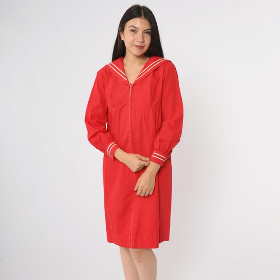 60s Red Sailor Dress White Stripe Trim Zip Front Long Sleeve Midi A Line Nautical Maritime Naval Military Cotton Small S