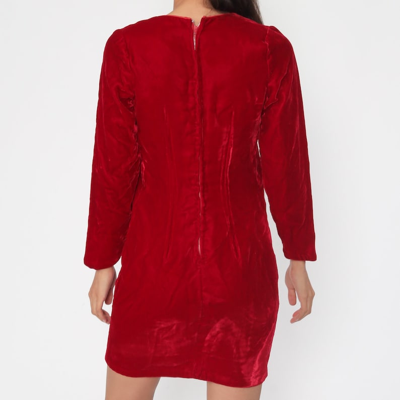 Velvet Mini Dress 60s Mod Party Red Vintage Cocktail Shift Long Sleeve 70s Gogo Formal Lolita Holiday MiniDress Small