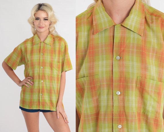 Green Plaid Shirt 70s Checkered Button Up Retro Preppy Collared Seventies Summer Short Sleeve Orange Casual Vintage 1970s Mens Medium M