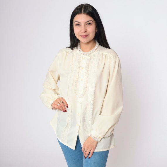 Victorian Lace Blouse 70s Cream Button Up Boho Hippie Shirt Formal Party Bohemian Blouse Vintage 1970s Long Sleeve Medium