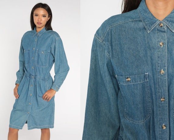 90s Denim Midi Dress Blue Jean Shirtdress Button Up High Waisted Collared 1990s Cotton Vintage Retro Long Sleeve Pocket Medium